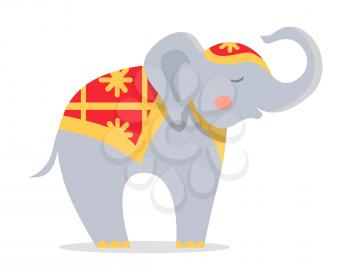 Cure elephant in ornamented cape icon. Cute elephant with raised trunk cartoon flat vector isolated on white background. Trained exotic circus animal illustration for travel concepts, logos, web