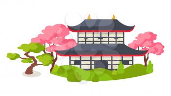 Japanese pagoda in cherry blossom flat vector illustration isolated on white background. Asian traditional architecture and garden art illustration for touristic concept. travel company ad     