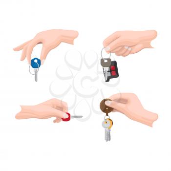 Doors and car keys in human hands set. Mans hand holding modern keys with trinket and car remote alarm on keyring flat vector illustrations isolated on white for real estate, auto and security concept