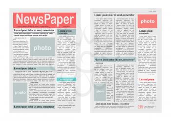Two pages of newspaper vector illustration on white. Colourful paper journal with articles in columns and free spaces for photos Tabloid on newsprint with fresh news and reportage information