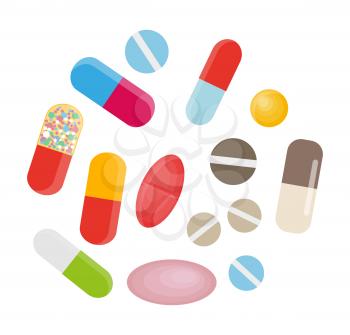 Colored pills and capsules lie in circle on white background. Cartoon medicines for different illnesses. Vitamines for good health condition. Medical treatment isolated vector illustration.