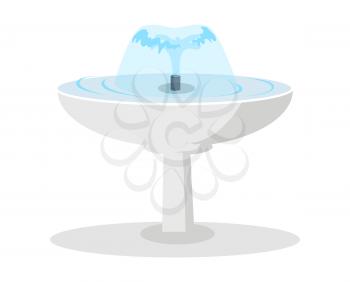 White round fountain with spouting water flat vector isolated on white background. Classic decorative ceramic element for garden or park landscape design illustration. Public fountain with clear water