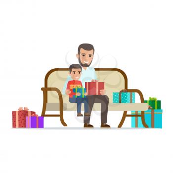 Father and son sit on sofa, smile and hold presents among other presents on white background. Father and son exchange Christmas gifts. Happy family moment christmas-themed vector illustration.