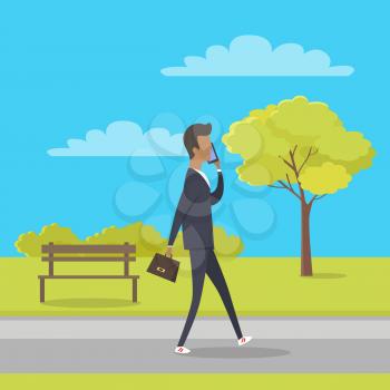 Stroll in city park concept. Man character with briefcase walking in public square and talking on phone flat vector. Urban infrastructure for people recreation. Businessman goes on work through park 