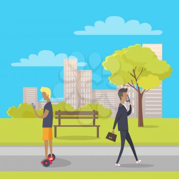 Stroll in city park concept. Businessman with briefcase and teenager on gyroscooter using mobile phone flat vector. Urban infrastructure for people recreation. Gadgets using and telephone addiction 