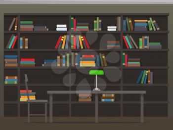 Library interior with bookshelves. Room with bookcase filled with piles of colorful textbooks, chair and table with classic desk lamp flat vector. College library illustration for educational concept