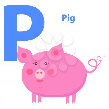 Cute pink pig on alphabet icon character P drawn pattern on white background. Round pet with light piglet and swirling tail. Vector illustration of preschool education for children with funny animal.