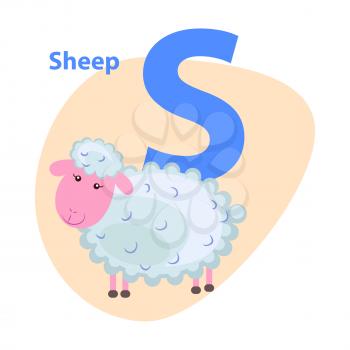 Character S cheerful sheep on ABC for children isolated on white. Curly lamb with pink face on alphabet kids icon. Vector illustration for kindergarten or nursery school cartoon style web banner.