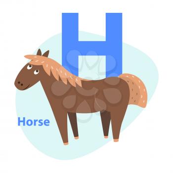 Cute brown horse on alphabet icon flat design on white background. Big letter H above cheerful equine in cartoon style. Vector illustration of primary or preschool education graphic figure for web.