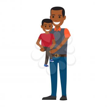 Cheerful man holding little boy isolated on white. Man dressed in gray shirt with orange sleeves, collar and blue jeans, boy dressed in red shirt and gray pants. Family concept vector illustration.
