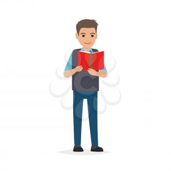 Young man reading textbook. Brown-haired male student standing with open book in hands flat vector isolated on white background. Enthusiastic reader illustration for educational and hobby concepts