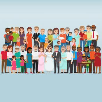 Set of people celebrating family holidays. Newlyweds with parents-in-law, kids birthday party friends, happy parents with newborn flat vectors. Big collection of relatives and friends illustration