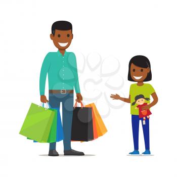 Family out on Shopping. Father with bags stands besides his daughter who holds doll on white background. African family has fun during shopping. Father and Daughter with purchases vector illustration.