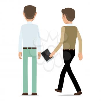 Man character in business casual standing backwards and walking with tablet in hand flat vector illustration isolated on white background. Office worker backward icon for business concept design