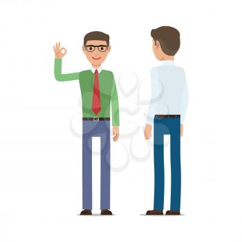 Businessmen pleased with result. Man in shirt and tie showing ok gesture for his interlocutor flat vector isolated on white background. Successful negotiations illustration for business concept design