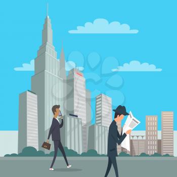 Businessman in suit with briefcase speaks by phone and other man in hat reads newspaper. Downtown in New York city center. Multi storey buildings and skyscrapers on background vector illustration.