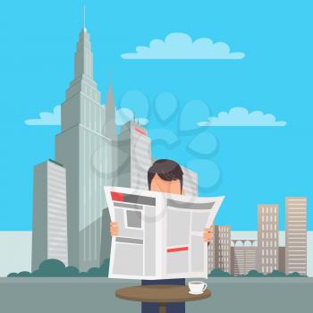 Man at table with cup of coffee reads newspaper with New York cityscape on background. State buildings, city skyscrapers, bushes and clouds in city center. Vector illustration of downtown scene.