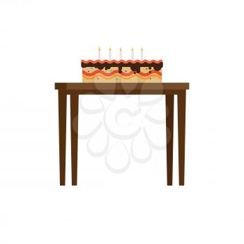 Tasty cake with dripping chocolate glaze and fired candles on wooden table flat vector isolated on white background. Delicious baked sweets for kids birthday celebrating illustration
