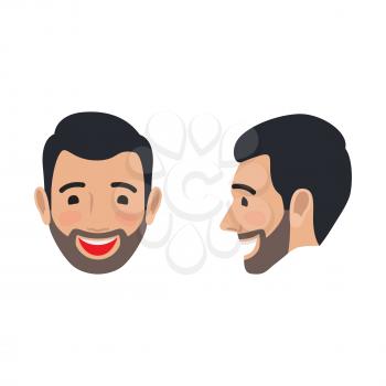 Laughing brunet man face icon. Smiling bearded male head in full face and profile view flat vector isolated on white background. Human positive emotions illustration for people infographics