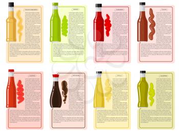 Sauce bottle collection with information text. Set of yellow habanero and green wasabi, chipotle and red cayenne, soy sauce, fatalii with jalapeno colourful bottles. Vector of oriental seasonings