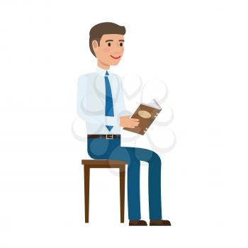Businessman checks schedule in diary. Man in shirt and tie seating on chair and reading book flat vector isolated on white. Office workers self-education illustration for business concepts design