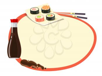 Circle with red frame and soy sauce bottle, set of sushi on square plate and chopsticks near on white. Even round label with space inside and traditional oriental kind of food signs around