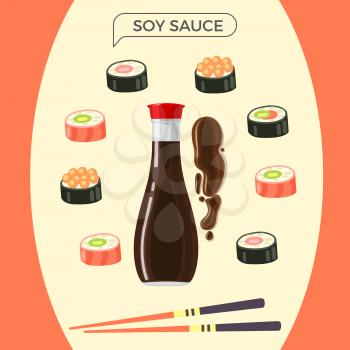 Soy sauce bottle with set of sushi rolls and chopsticks. Vector illustration of bottle with dark soy sauce in center and sushi of salmon and with caviar around it, colourful chopsticks underneath