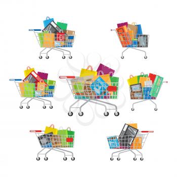 Shopping trolleys set, which includes seven carts with different amount and kinds of purchases. Shopping-themed isolated vector illustrations of carts with different stuff. Biggest dream of shopaholic.