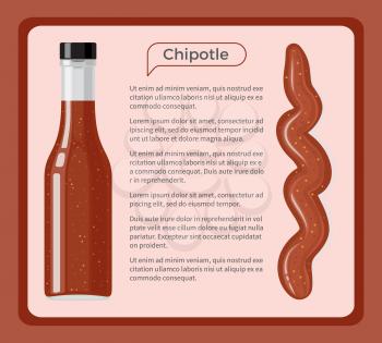 Chipotle sauce framed banner with sample text. Traditional seasoning from hot chili pepper in glass bottle flat vector. Mexican national cuisine ingredient illustration for restaurant menus design