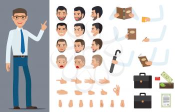 Businessman character generator with various emotions on face, objects in hands and palm gestures. Man in shirt and tie standing with set of body parts and business attributes vector illustration
