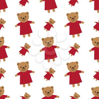 Endless texture with brown teddy bears and white background. Randomly placed soft toys for children wearing red dresses seamless pattern. Wrapping colourful paper for box and present decorating