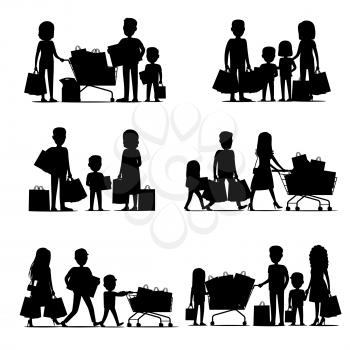 Black Silhouettes of people groups doing shopping. Vector illustration of family purchasing and standing or walking with packages and carrying supermarket carts. Shopping concept flat poster