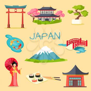 Japan touristic concept. Set of japaneses national cultural, culinary, architectural and nature symbols flat vector illustrations. Famous attractions for tourists in asian county collection 