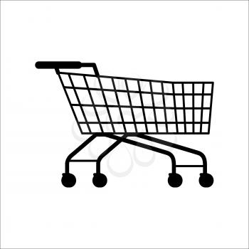 Supermarket shopping empty cart isolated on white. Vector illustration of dark trolley for carrying products and goods in supermarkets and hypermarkets. Basket on four wheels for using in shops