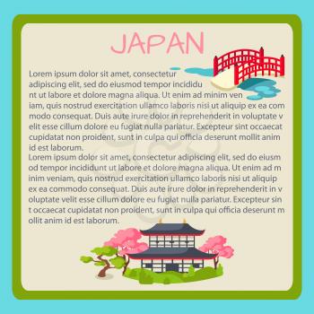 Japan framed touristic banner with national symbols and sample text. Pagoda in cherry blossom and bridge across pond flat vector illustrations. Vacation in asian country concept for travel company ad
