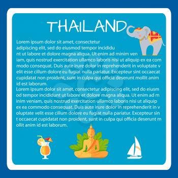 Thailand framed touristic banner with national symbols and sample text. Thai cultural, architectural, nature attractions vector illustrations. Vacation in asian country concept for travel company ad