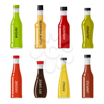 Set of glass bottles full of hot sauces. Colorful spicy seasonings in shaped bottles flat vector illustrations isolated on white. National cuisine ingredients collection for icons, logos and web  
