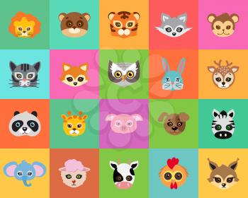 Animal carnival set of animal masks in cartoon style. Colourful decorations on background. Vector illustration of masques for festivals and children holidays. Dress code for kids in flat style design
