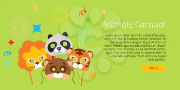 Funny childish animal masks for carnival in flat style. Masks of exotic animals lion and tiger with panda bear. Vector illustration of masques for festivals and children holidays. Dress code for kids