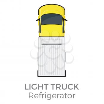 Refrigerator light truck top view icon. Small lorry with freezer container flat vector isolated on white background. Commercial vehicle illustration for distribution logistic concepts and infographics