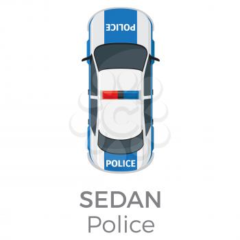 Police sedan top view icon. Modern patrol car with flashlights on roof flat vector isolated on white background. Emergency vehicle illustration for urban transport concepts and infographics design