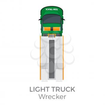 Wrecker light truck top view icon. Tow truck with ramp and winch flat vector isolated on white background. Vehicle of technical support illustration for urban transport concepts and infographics