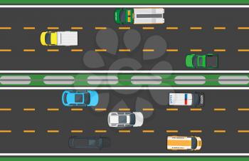 Asphalt highway with six lines and eight means of transportation. Vector illustration in flat style of fast vehicle that move on road in opposite directions. Movement process on long isolated way