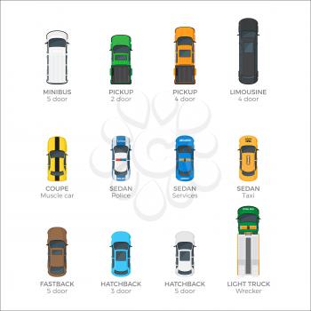 Modern cars top view icons set. Various passenger, emergency and cargo vehicles isolated flat vectors. Personal, public and commercial auto illustrations for urban transport concepts and infographics