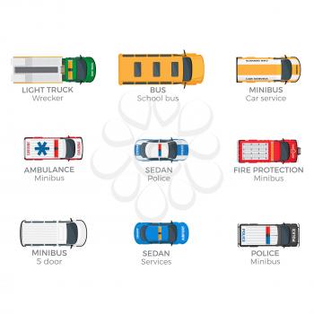 Emergency vehicles top view icons set. Various technical support, police and rescue services minibuses isolated flat vectors. Municipal services special vans illustrations for city infographics