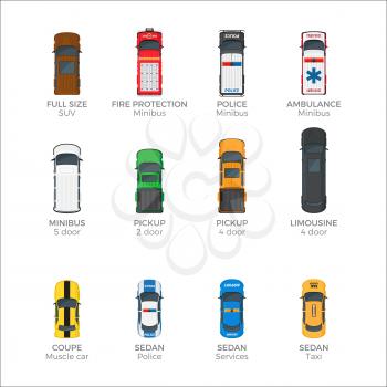 Means of transportation collection on white. Vector poster of police and ambulance minibuses, fire protection, yellow taxi and other urban vehicle types with two, four and five doors and names below