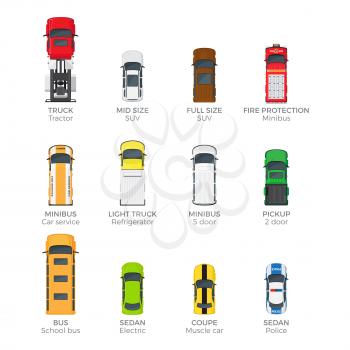 Modern cars top view icons set. Various passenger, emergency and cargo vehicles isolated flat vectors. Personal, public and commercial auto illustration for urban transport concepts and infographics