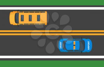 Yellow school bus and airport car moving on asphalt road. Public transport traffic on expressway with double line. Vector illustration of driving school and airport automobiles in contrary directions