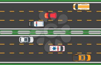 Six fast vehicles driving on road texture background. Vector illustration of traffic on highway with three lines in one direction and three in another. Process of cars motion in flat design.