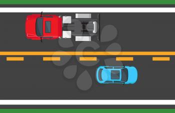 Blue hatchback and red auto driving on highway with one solid yellow line and one dotted line. Vector traffic illustration in flat style of top view of transports moving in opposite directions.